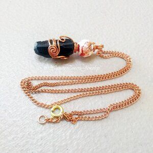 Mixed Gemstone Beads Pendant & Copper Chain: Black Tourmaline + Fire Agate